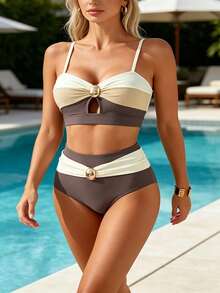 Womens High Waisted Bikini Sets - Café integral - Ver 1