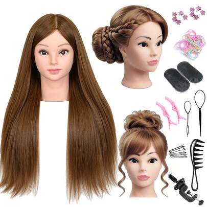 70% Real Hair Mannequin Head With Stand, 24" Long Hair Training Head For Braiding Styling, Cosmetology Practice Manikin Head With Hair Styling Tools Set