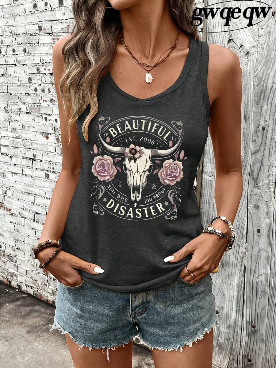 Women's Beautiful Disaster Bull Skull Floral Graphic Tank Top, 180G Vest Casual Summer Tops, Western Vacation Outfits For Women, Fashion Summer Clothes, Cowgirl Graphic Tees Women - 深灰色 - 查看 1