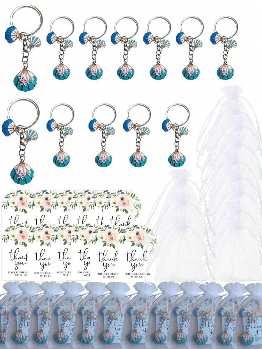 1set/6sets/12sets Mermaid Seashell Keychain Party Favors Shell Or Star-Shaped Keychain With Thank You Tags & Organza Gift Bags, Beach Wedding Bridal Shower Bachelorette Birthday Gifts - Pearl Shell Keychain - View 1