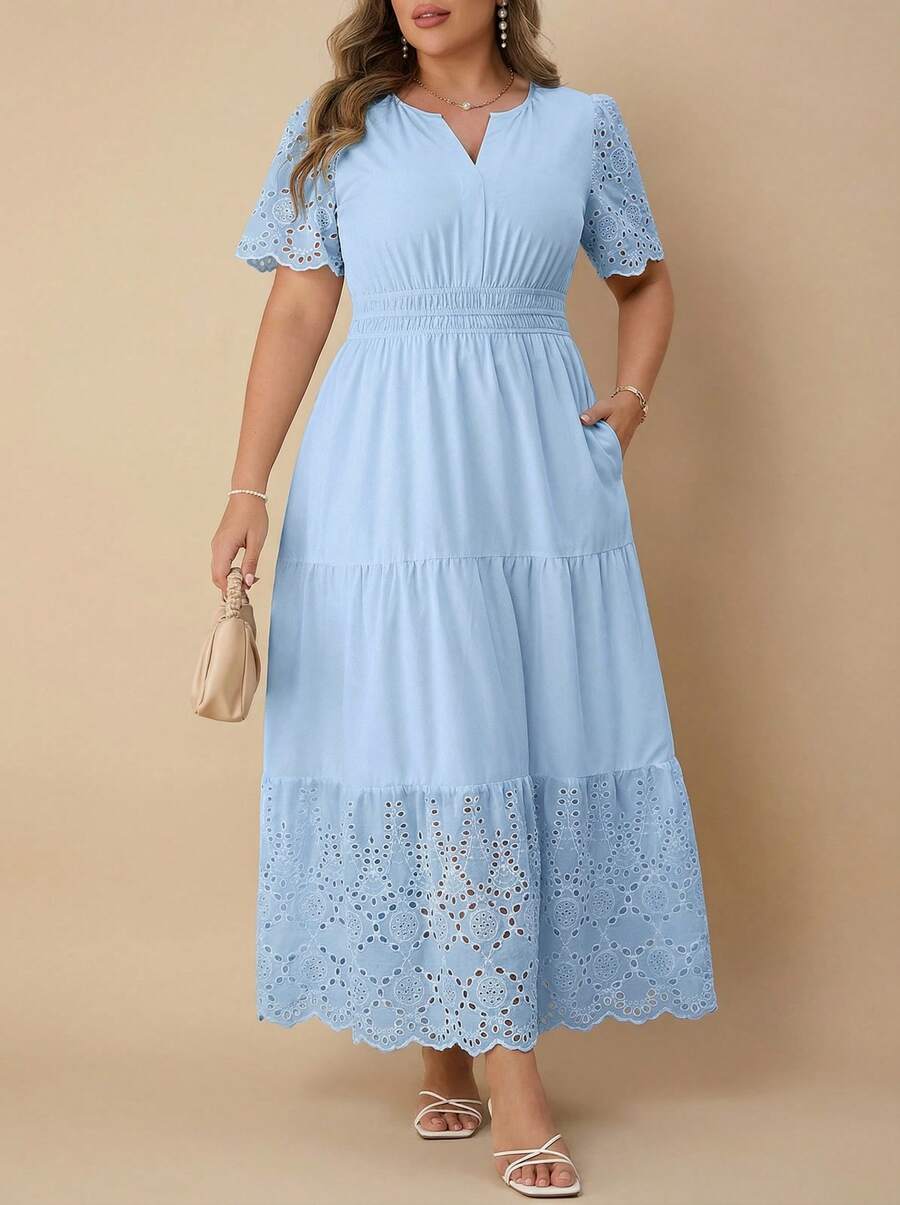 Voworia Plus Size Women's Summer New Solid V-Neck Embroidered Hollow-Out Elegant Dress