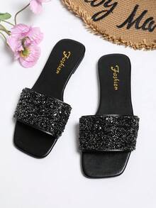 2026 New Flat Slide Sandals/Solid Color, Flat Design, Shiny Vamp, Exquisite Rhinestone Decor, Slip-On Style, Easy To Clean, Elegant & Refined, Fashion Versatile, Suitable For Daily Wear, Shopping, Dating, Vacation, Travel - Black - View 9