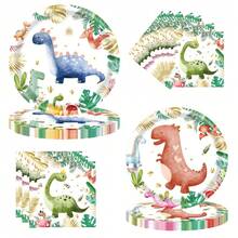 Dinosaur Theme Disposable Tableware Set, Including Plates, Napkins And Cups, Serves 24 Guests, Suitable For Birthday, Wedding, Party, Family Picnic And Other Occasions - Multicolor - View 1