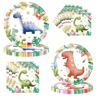 Dinosaur Theme Disposable Tableware Set, Including Plates, Napkins And Cups, Serves 24 Guests, Suitable For Birthday, Wedding, Party, Family Picnic And Other Occasions