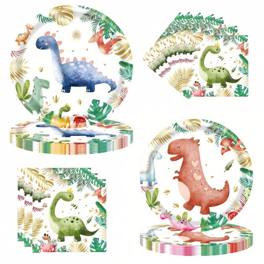 Dinosaur Theme Disposable Tableware Set, Including Plates, Napkins And Cups, Serves 24 Guests, Suitable For Birthday, Wedding, Party, Family Picnic And Other Occasions - Multicolor - View 1
