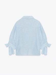 Women's Fashion Striped Lapel Shirt, Light Blue Long Sleeve Blouse With Tie Cuff Design, Short Polyester Top, Suitable For Daily Wear Spring - Blue - View 5
