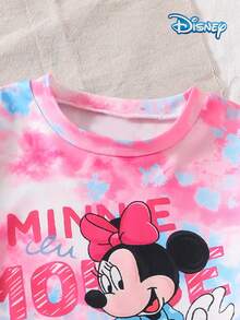 Disney 迪士尼可爱米妮印花两件套，夏季女童时尚休闲短裤套装，扎染印花圆领短袖上衣搭配松紧腰短裤，女童日常百搭柔软透气童装，可爱活力套装，节日礼物佳选 - 粉色 - 查看 3