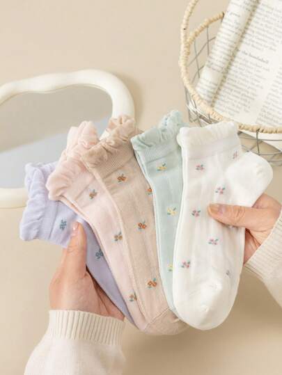 5 Pairs New Women's Short Socks, Student Style Bubble Mouth Mesh Floral Pattern Versatile Ankle Socks, Comfortable Soft Breathable, Suitable For Daily, Sports, Casual Wear, Back To School Student Gift, All Season