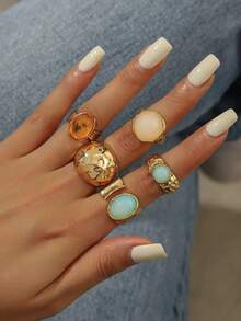 Set de 5 anillos de aleación, anillos de diseño asimétrico y lujoso con decoración incrustada para mujeres - Anillo de mujer - Ver 8