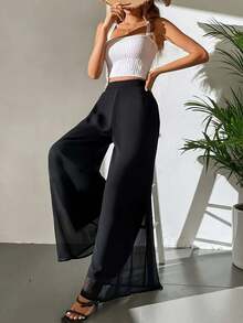 Women's Plus Size High Waist Wide Leg Palazzo Pants, Flowy Oversized Long Trousers, Spring Summer Casual Pants For Vacation, Beach Trips - Black - View 3