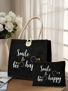 Women'S Multifunctional Tote Bag,Aesthetic Honey Bee Bag,Printed With Cute Bee And Heart Patterns, Holiday Style Letter Design Shopping Bag, Suitable For Weddings, Birthdays, Beaches And Various Festivals, Linen Handbag, Teacher'S Day Gift Bag, Portable Lightweight Foldable Storage Bag, Simple And Versatile - Multicolor - View 5
