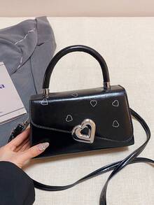 1pc Black Patent Leather Handbag, With Silver Heart Lock & White Heart Print, Flap Closure, Cute Style, For Women - Black - View 1