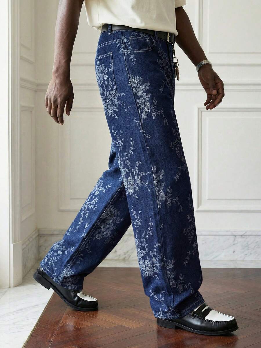 Quần jeans ống đứng dáng rộng, chất liệu jacquard họa tiết hoa ONE.DINY, kiểu dáng đường phố, thoải mái, quần dài unisex. - Màu xanh lam - Xem 1