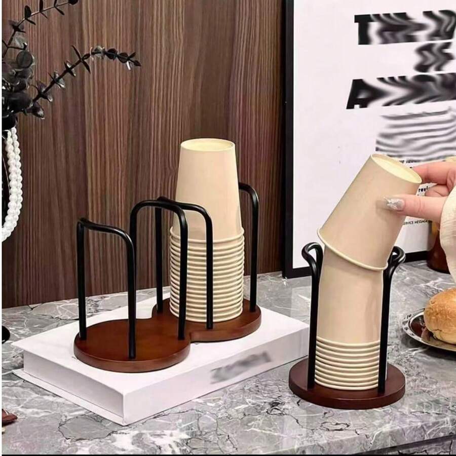 1 pieza Soporte de taza de papel de bambú y madera, dispensador de taza de papel, estante multiusos para tazas, suministros de cocina para el hogar, adecuado para tazas de café y té - apto para uso doméstico y comercial - Marrón - View 1