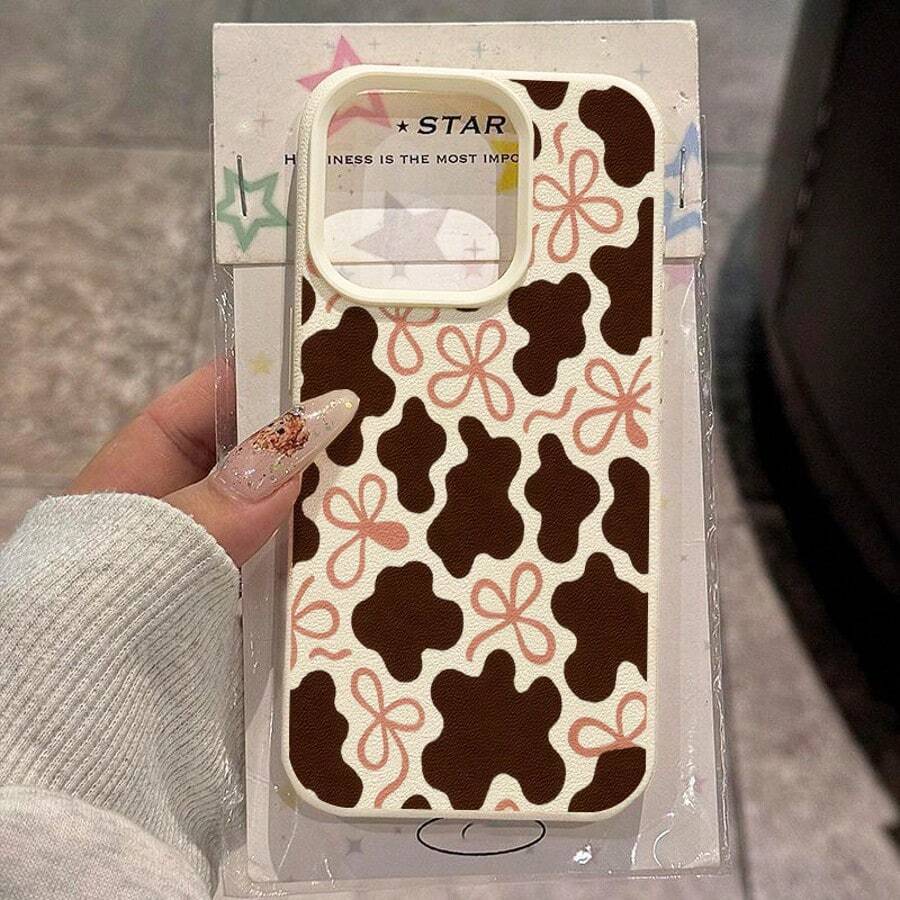 Cow Pattern 1pc TPU Material Elegant Brown Cow Print Bow Tie Full Print Phone Case Suitable For IPhone 17 Pro Max/17/16 Pro Max/15/13/12/11, S20 FE/A15/S24/A55, Note 11/Note 12/Note 13 Pro, Shock-Proof Soft Protective Cover - White - View 1