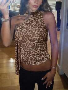 Camiseta corta ajustada con estampado de leopardo para mujer - Estilo urbano y a la moda para fiestas y vacaciones de primavera y verano. - Estampado de leopardo - Ver 3