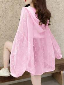 1件女款梅花刺繡連帽長袖襯衫，夏季薄款寬鬆外套，戶外防曬衣，粉紅色 - 粉色 - 查看 3