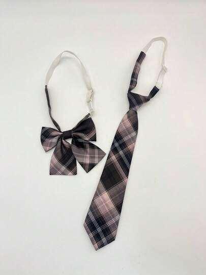 2pcs Gift Box Set Women's Necktie & Bow Tie, JK School Uniform Style Shirt Plaid Tie, Unisex Daily Casual Business Gift