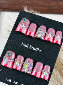 10pcs High-End Sweet And Cool Style, Hand-Painted Spot Patterns, Five-Pointed Star Diamonds, Dazzling Stacked Diamonds Handmade Fake Nails, Suitable For Sister Outings For Shopping, Taking Photos And Posting Them, As Well As Afternoon Tea. - Baby Pink - View 3
