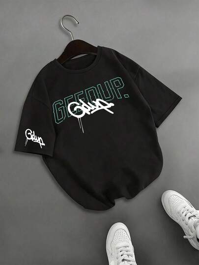 Men's Casual Letter Print T-Shirt, Couple Round Neck Short Sleeve Tee, Suitable For Spring/Summer, Valentine's Day