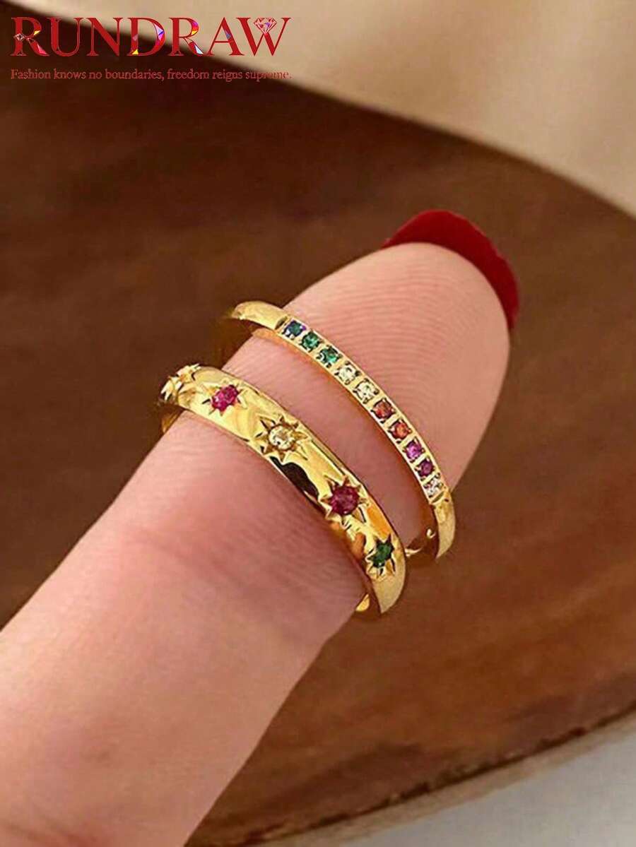 rundraw 2件套彩色立方氧化锆镀金防水星形戒指套装，珠宝礼品