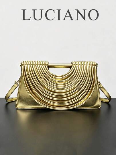 New Pleated Handbag, Niche Design Metallic Clutch Bag, Detachable Strap Shoulder Crossbody Bag, 1 Piece Gold Top Handle Bag, Multi-Way Wear, Perfect For Music Festival, Evening Gown Match, Party & Shopping, All-Season Versatile