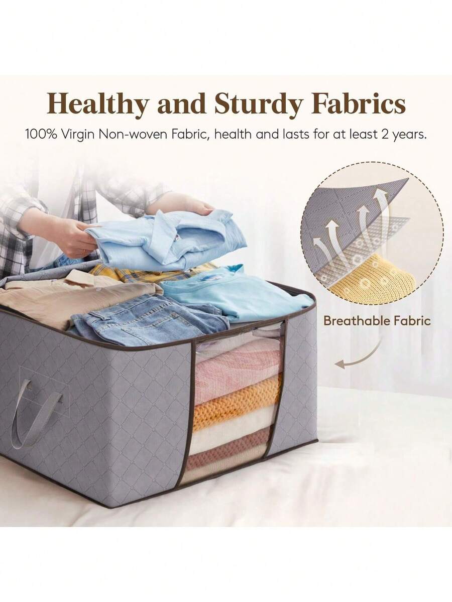 1pc Foldable Clothes Storage Box With Lid, Transparent Window Curtain Storage Box, Reinforced Handle Bedding Organizer Box, Light Grey - Multicolor Random - View 1