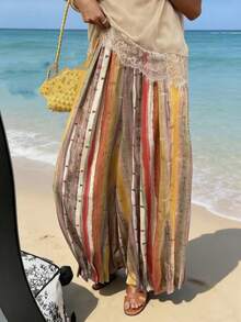 Solstice Apparel Retro Colorful Stripe Wide Leg Pants, Draping Flowy Loose Beach Pants, Travel Photo Outfit Spring - Multicolor - View 2