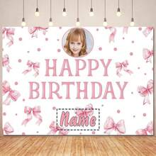 1pc Customizable Pink Bow Birthday Background, Pink Polka Dot Girly Design Background, Suitable For Birthday Party Cake Smash, Photography Backdrop, Vinyl - Pink - View 2