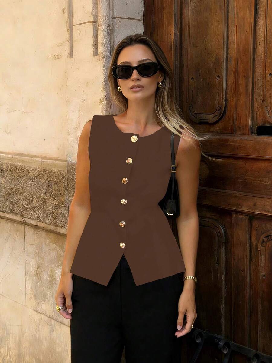 Chaqueta/chaleco de negocios de unicolor opaco sin mangas con botones metálicos de estilo retro y elegante, ajuste slim. Camiseta de punto de punto fino y casual para mujer en verano - Marrón 22 - Ver 1