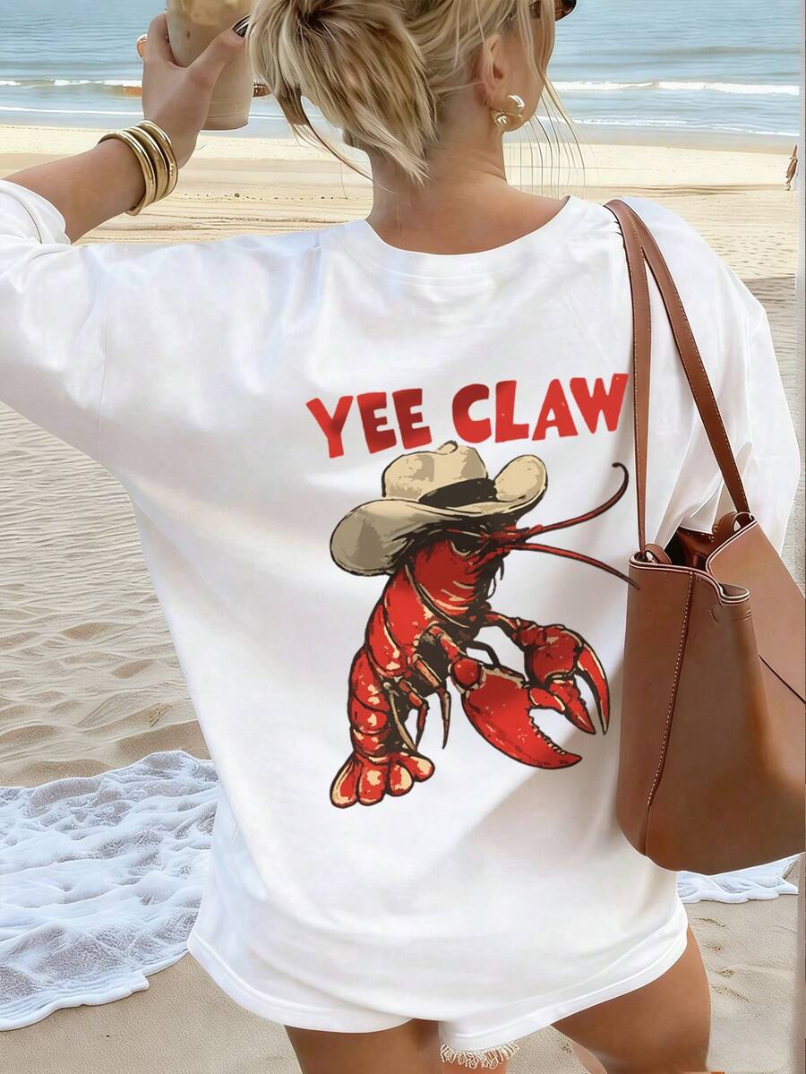 女士夏季新款休闲标语印花宽松圆领短袖T恤，时尚日常及假日穿着，女士T恤上衣 - 杏色 - 查看 1