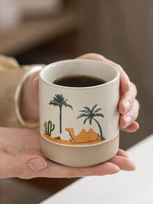 1pc Middle Eastern Style Ceramic Mug, Saudi Arabian Coffee Cup, Desert Camel, Palm Tree & Cactus Themed Water Cup, Matte Two-Tone Design, High-Quality Ceramic Material Insulated & Anti-Scald, 4 Different Desert Landscape Patterns, Vividly Recreating The Middle Eastern Wilderness Ambiance, Suitable For Coffee, Tea, Water And Other Beverages, Infusing Exotic Charm Into Kitchen And Office, An Excellent Choice For Daily Use And Gift-Giving - Multicolor - View 4