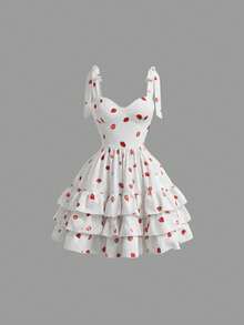 Robe mini d'été élégante et mignonne pour femmes avec motif de fraise, robe patineuse avec nœud papillon sans manches - Multicolore - Voir 1