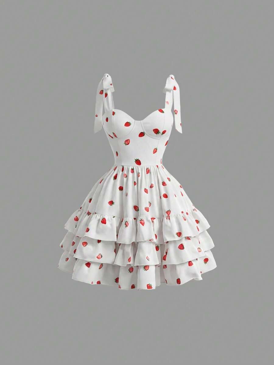 Robe mini d'été élégante et mignonne pour femmes avec motif de fraise, robe patineuse avec nœud papillon sans manches - Multicolore - Voir 1