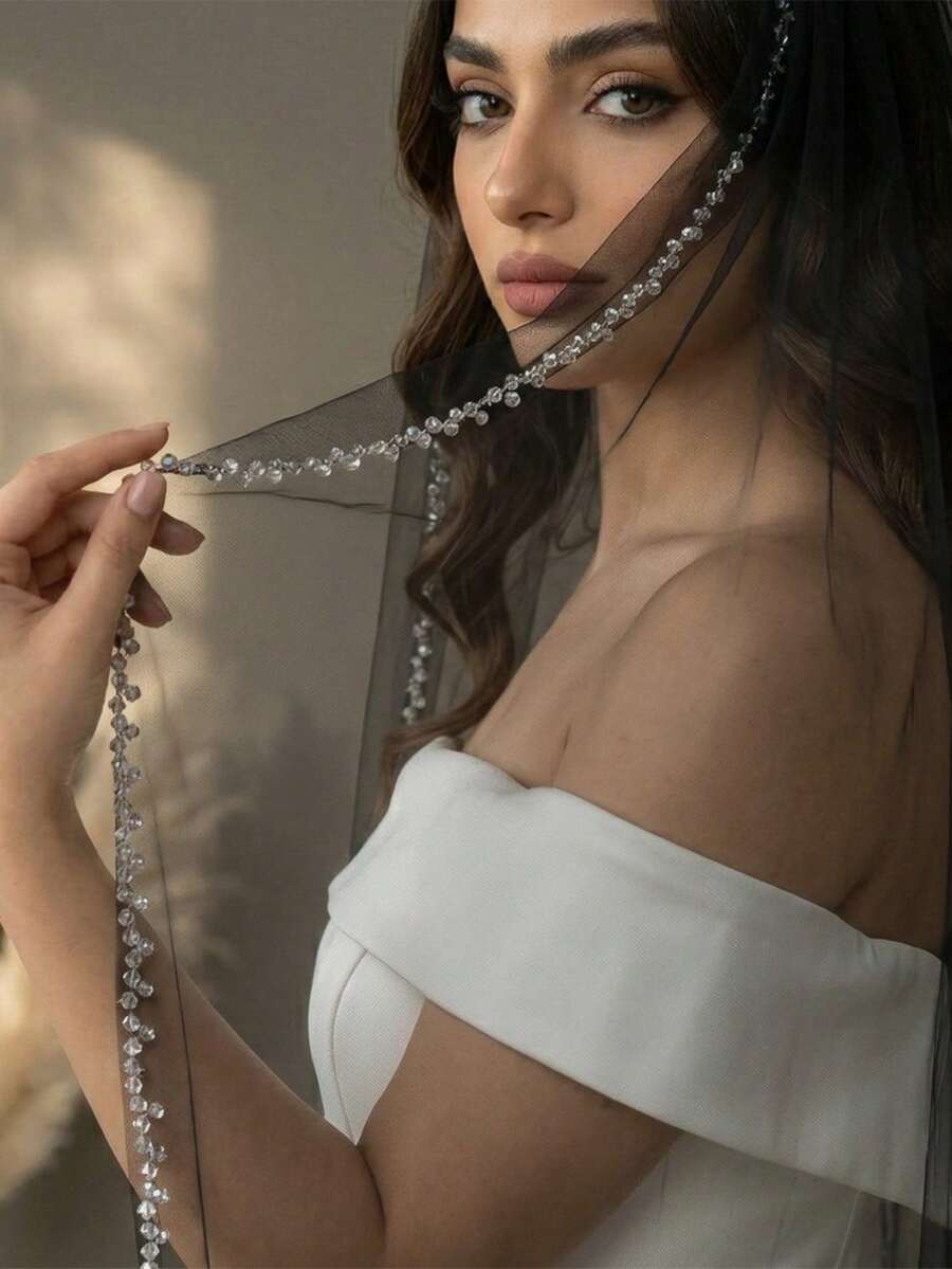 Véu preto transparente com cristais e miçangas, véu de noiva curto de camada única, ideal para o verão e a praia.