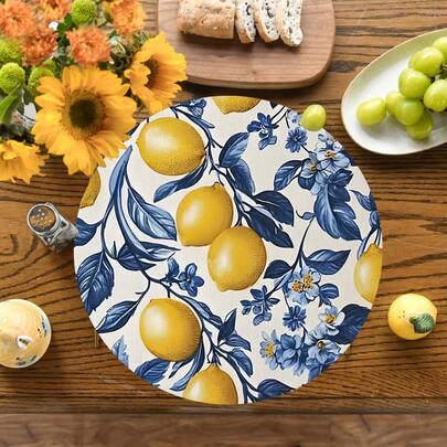 1/2/4/6/8/300 Pieces Of Luxurious Lemon Themed Placemats, Featuring Fresh Lemons And Vintage Blue And White Patterns. Machine Washable Polyester Table Mat, Heat-Resistant, Stain Resistant, Waterproof, And Easy To Clean. A Spring Holiday Placemat Suitable For Family Gatherings And Kitchen Decoration.