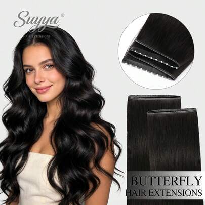  SUYYA 2PCS 18 Inches Màu #1B Đen tự nhiên Tóc nối kiểu bướm Tóc thật không keo OVO Lỗ PU Genius Buộc tay Vô hình Tự làm Tóc nối đôi thẳng
