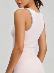 Contrast Trim U-Neck Sports Tank Top For Women, Wide Strap With Built-In Fixed Padded Cups, High Elasticity Slim Fit Yoga Pilates Fitness Camisole - Pink - View 5