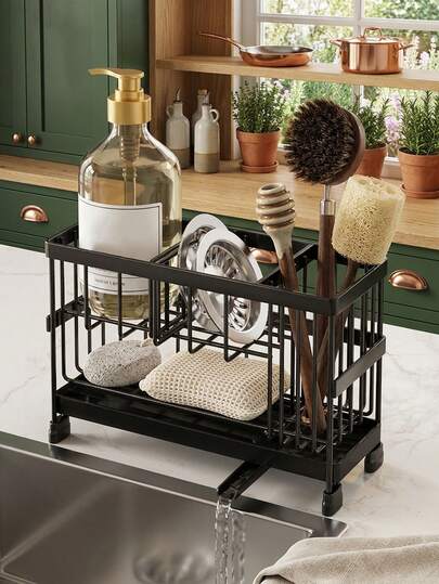 رف تصريف الإسفنج، مناسب لأحواض المطبخ، رف تخزين الحوض مع مقبض فرشاة عالي، منظم سطح المطبخ، رف تخزين الحوض. رف تخزين للإسفنجات والصابون وأدوات التنظيف، أسود مع فاصل. مثالي لتوفير المساحة في المطبخ المنزلي والحمام