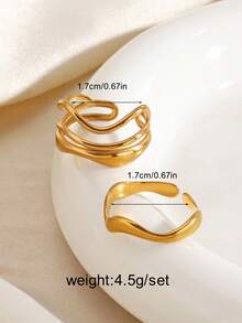 2pcs Stainless Steel 18K Gold Plated Minimalist Line Design Open Ring, Suitable For Women's Daily Wear And Party - Gold - View 2