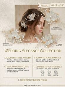 Juego de 3 piezas de elegantes pinzas para el cabello con flores de concha falsa, pinzas laterales con hojas de perlas y strass, accesorios para peinados de novia y dama de honor - Dorado - Ver 4