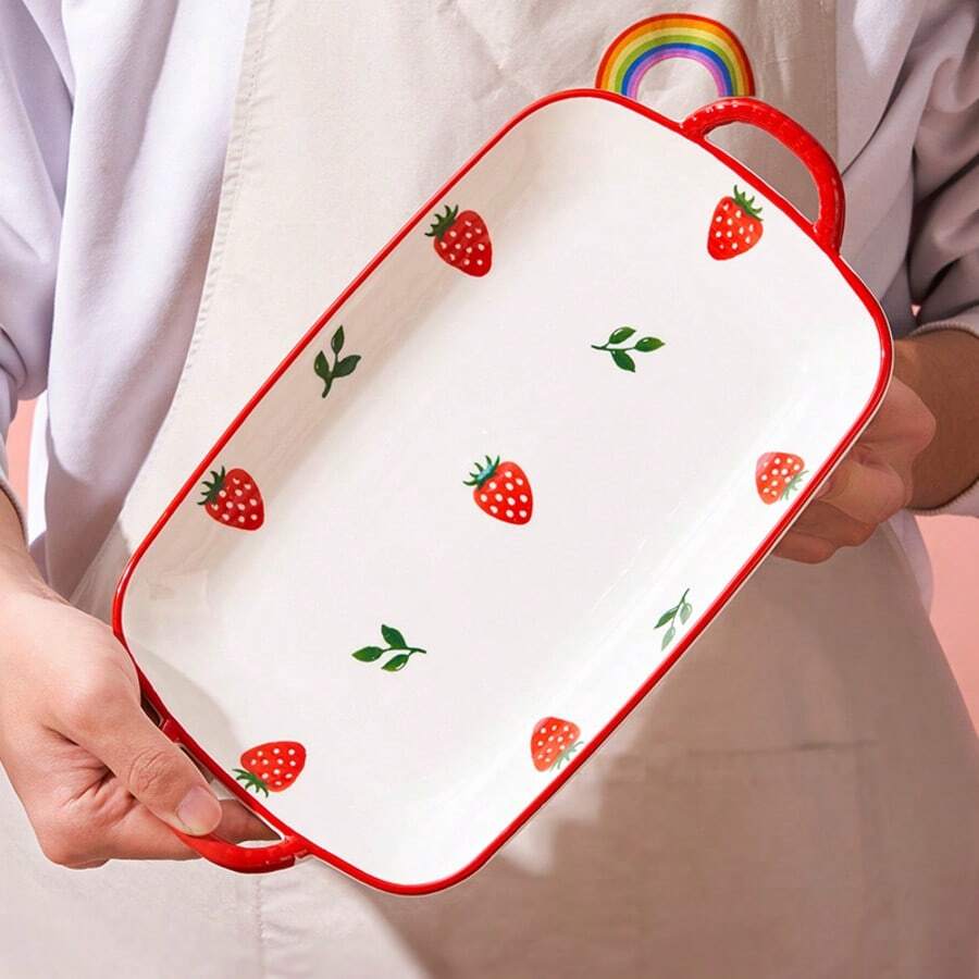 Bộ 1/2 đĩa sứ 12 inch, đĩa hình cá họa tiết dâu tây dễ thương, phụ kiện nhà bếp, đĩa hấp lớn, đĩa sushi, đĩa mì Ý, dùng được trong lò vi sóng, lò nướng và máy rửa chén, thích hợp cho gia đình, nhà hàng, tiệc tùng, quà tặng Ngày của Mẹ, quà Phục Sinh. - Xem 1