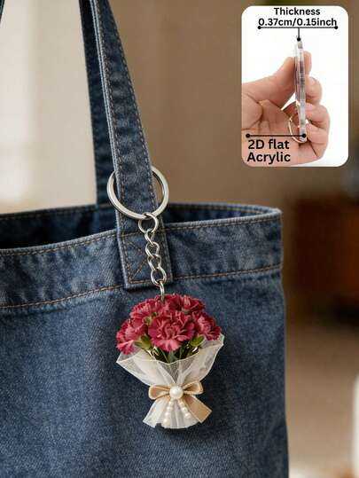 优雅的2D平面亚克力康乃馨花束包饰，轻盈花朵，母亲节花束吊坠，趣味装饰品，背包配件，时尚吊坠，家居装饰，汽车装饰吊坠，耳机吊坠，包包吊坠，配饰礼品，送给家人和朋友的完美礼物，情人节礼物，生日礼物，派对礼物，周年纪念礼物，结婚礼物