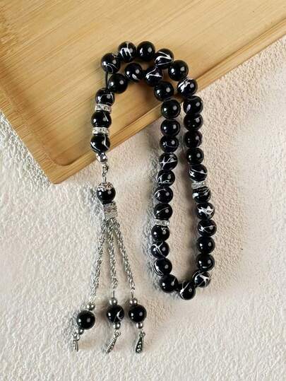 33pcs Muslim Eid Al-Adha Rosary Beads, Classic Black Color, Fashionable Lightweight Durable Tasbih For Men