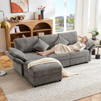L‑Förmiges Ecksofa Mit Hocker, Umwandelbar Zu Einem 3‑Sitzer, Mit 4 Kissen And Verstellbaren Armlehnen, Aus Comfortablem Chenille‑Stoff, Geeignet Für Wohnzimmer, Büro Und Apartment, Grey. Mit Video.