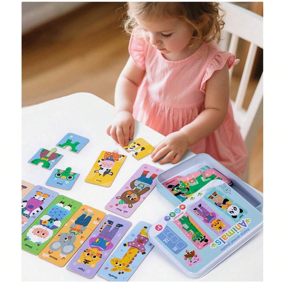 Kids Cartoon Animal & Vehicle Pattern Tin Box Matching Puzzle, Early Learning Cognition Educational Toy, Birthday Gift For Kids