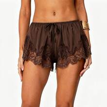 Boho Women's Lace Trim Satin Silk Shorts Shiny Elastic Waist Mini Shorts Pettipants Half Slip Shorts French Knickers Boyshorts For Dresses Full Coverage Underwear Lounge Pants - FJ305-棕色 - 查看 8
