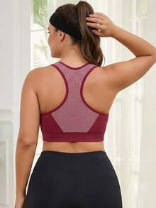 Plus Size Women Seamless Racerback Sports Bra Wirefree Removable Pads Yoga Pilates Workout Crop Top Athleisure Bralette Top - Burgundy - View 2
