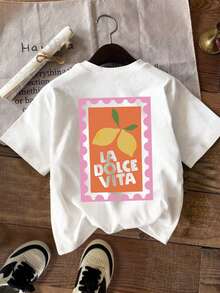 Summer Retro-Style Short-Sleeve Plus Size Casual Crewneck T-Shirt With Lemon Print - "LA DOLCE VITA" Graphic Edition White - White - View 4
