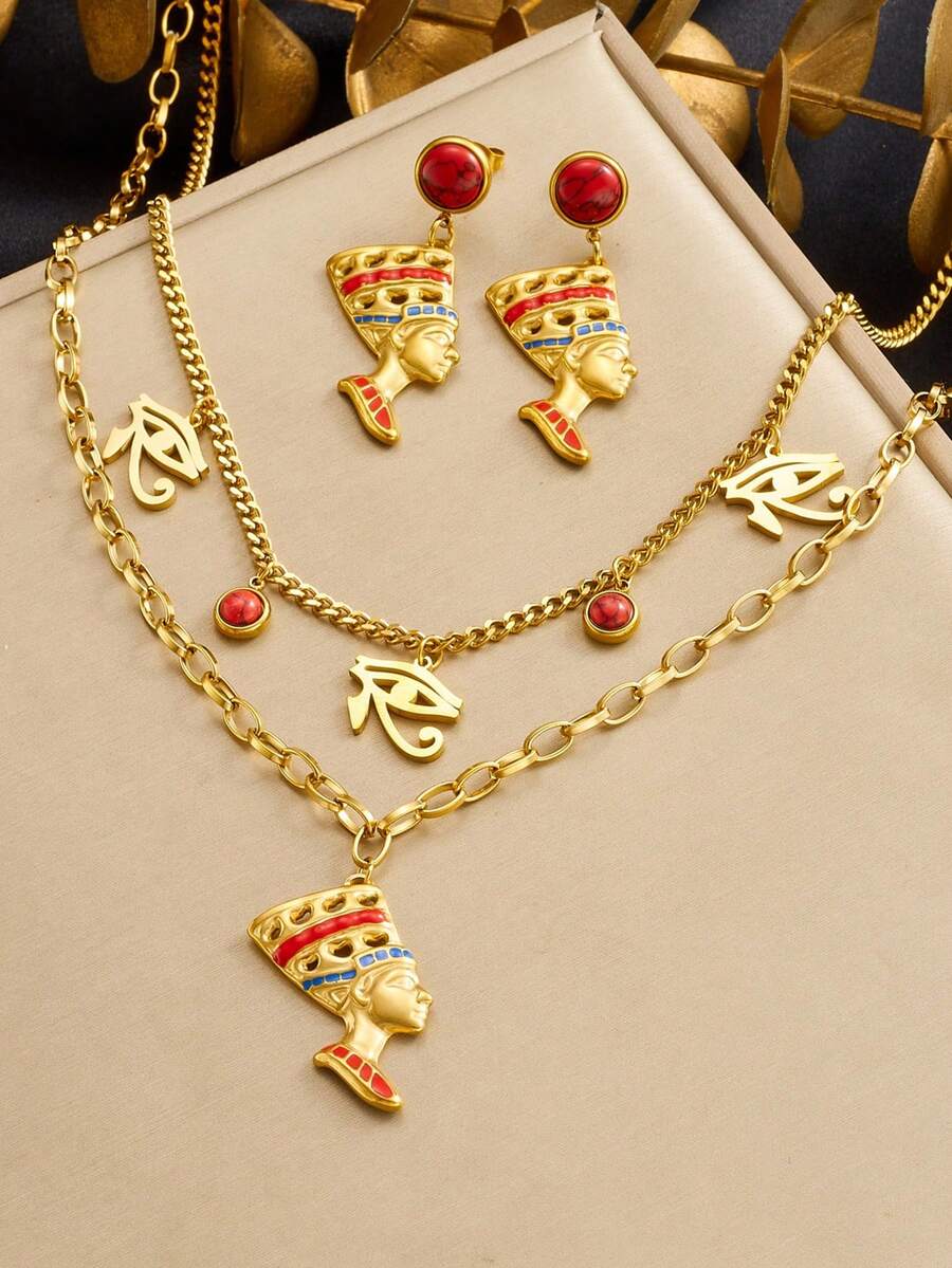 1套镀金复古滴油吊坠眼部饰品套装，不锈钢叠戴项链耳环，女士饰品 - 人像 - 查看 1